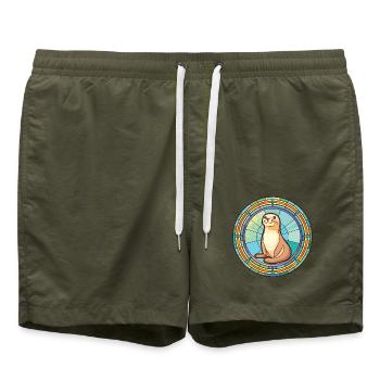 Siegel, Buntes, Aquarell, Tier, Haustier, Illustration - Badeshorts - Olive - Vorne - AI Model Male 185 light (185cm)