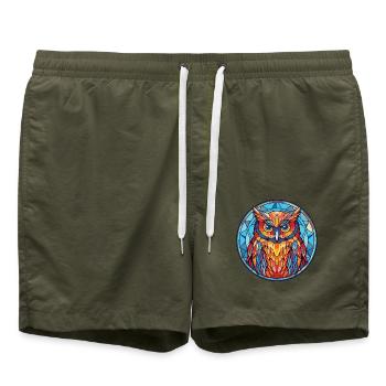 Eule buntes Aquarell Tier Haustier Illustration - Badeshorts - Olive - Vorne - AI Model Male 185 light (185cm)