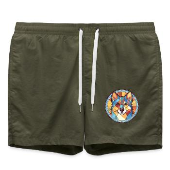 Norwegische Buhund Hunderasse Aquarell Illustration - Badeshorts - Olive - Vorne - AI Model Male 185 light (185cm)