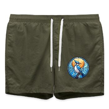 Blauer Jay Buntes Glas Bunte Karikatur Kawaii Ani - Badeshorts - Olive - Vorne - AI Model Male 185 light (185cm)