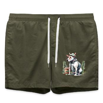 Englischer Bullterrier mit Weihnachtsmannmütze - Badeshorts - Olive - Vorne - AI Model Male 185 light (185cm)