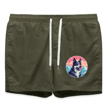Mudi Hunderasse Cartoon Kawaii Aquarell - Badeshorts - Olive - Vorne - AI Model Male 185 light (185cm)