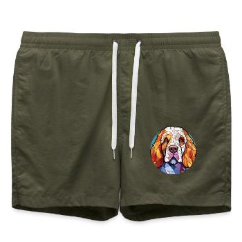 Clumber Spaniel Hunderasse Aquarell Illustration - Badeshorts - Olive - Vorne - AI Model Male 185 light (185cm)