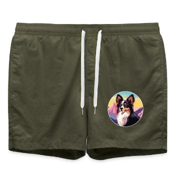 Papillon Hunderasse Karikatur Kawaii Aquarell - Badeshorts - Olive - Vorne - AI Model Male 185 light (185cm)