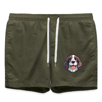 English Springer Spaniel Hunderasse Aquarellwagen - Badeshorts - Olive - Vorne - AI Model Male 185 light (185cm)
