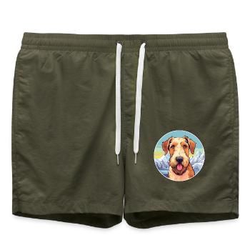 Airedale Terrier Hunderasse Karikatur Kawaii Watercol - Badeshorts - Olive - Vorne - AI Model Male 185 light (185cm)