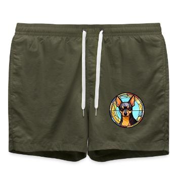 Englisch Toy Terrier Hunderasse Buntglas Farbe - Badeshorts - Olive - Vorne - AI Model Male 185 light (185cm)