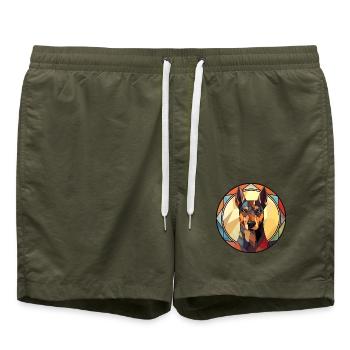 Dobermann Hunderasse Buntes Glas Buntes Wassercol - Badeshorts - Olive - Vorne - AI Model Male 185 light (185cm)