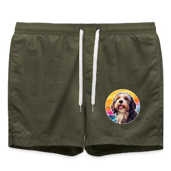 Tibet Terrier Hunderasse Karikatur Kawaii Watercolo - Badeshorts - Olive - Vorne - AI Model Male 185 light (185cm)