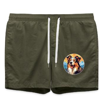 Scotch Collie Hunderasse Cartoon Kawaii Aquarell - Badeshorts - Olive - Vorne - AI Model Male 185 light (185cm)