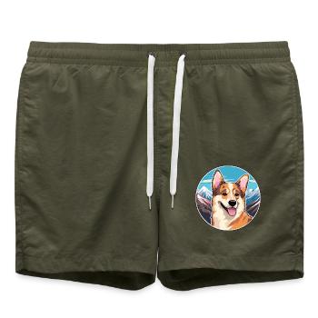 Kai Ken Hunderasse Cartoon Kawaii Aquarell - Badeshorts - Olive - Vorne - AI Model Male 185 light (185cm)