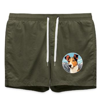 Chilenischer Foxterrier Hunderasse Karikatur Kawaii Wasser - Badeshorts - Olive - Vorne - AI Model Male 185 light (185cm)