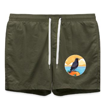 Krähe Aquarell Cartoon Kawaii Clipart Tier - Badeshorts - Olive - Vorne - AI Model Male 185 light (185cm)