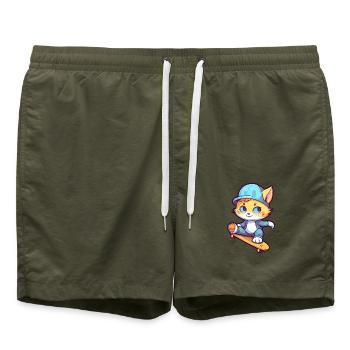 Lustige Katze Kawaii Cartoon Haustier spielt Skateboard - Badeshorts - Olive - Vorne - AI Model Male 185 light (185cm)