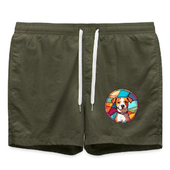 Hund Bunte Karikatur Kawaii Tier - Badeshorts - Olive - Vorne - AI Model Male 185 light (185cm)