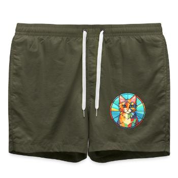 Katze Buntes Glas Bunte Karikatur Kawaii Tier - Badeshorts - Olive - Vorne - AI Model Male 185 light (185cm)
