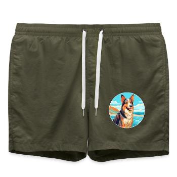 Böhmischer Schäferhund, Rasse, Cartoon, Kawaii, Clipart - Badeshorts - Olive - Vorne - AI Model Male 185 light (185cm)