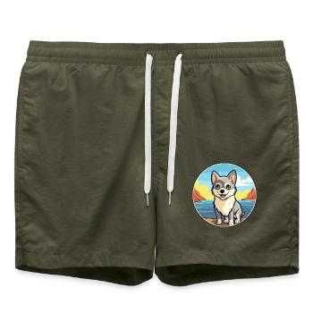 Alaskan Klee Kai Hund Rasse Cartoon Kawaii Clipart - Badeshorts - Olive - Vorne - AI Model Male 185 light (185cm)