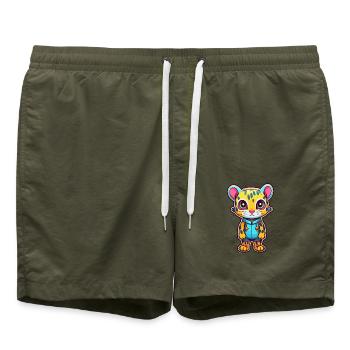 Ocelot Buntes Aquarell Cartoon Kawaii Tier - Badeshorts - Olive - Vorne - AI Model Male 185 light (185cm)