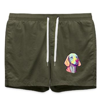 Weimaraner Hunderasse Karikatur Kawaii Illustration - Badeshorts - Olive - Vorne - AI Model Male 185 light (185cm)