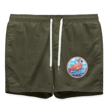 Flamingo bunte Aquarell-Tierillustration - Badeshorts - Olive - Vorne - AI Model Male 185 light (185cm)