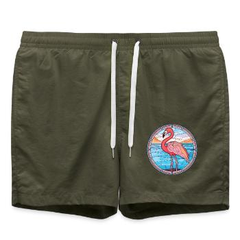 Flamingo Buntes Aquarell Tier Illustration - Badeshorts - Olive - Vorne - AI Model Male 185 light (185cm)