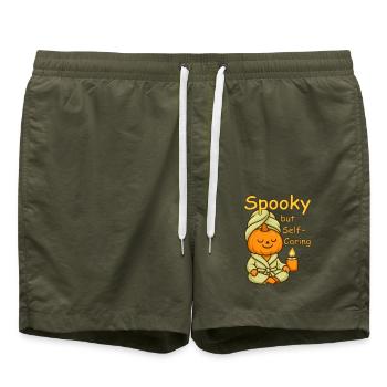 Spooky Kürbis beim Self-Care Wellness - Badeshorts - Olive - Vorne - AI Model Male 185 light (185cm)