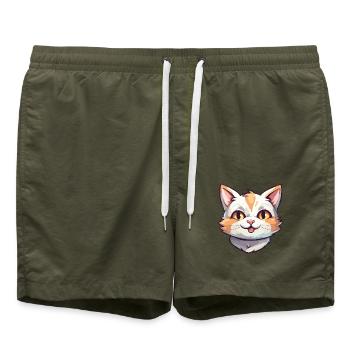 Hauskatze Cartoon Aquarell Illustration - Badeshorts - Olive - Vorne - AI Model Male 185 light (185cm)