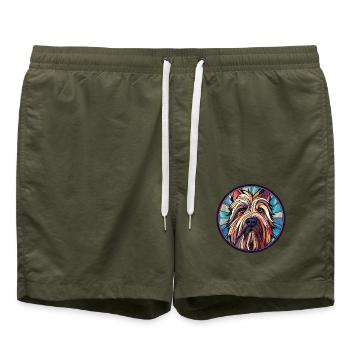 Skye Terrier Hunderasse Aquarell Illustration - Badeshorts - Olive - Vorne - AI Model Male 185 light (185cm)