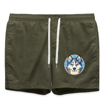 Siberian Husky Hunderasse Aquarell Illustration - Badeshorts - Olive - Vorne - AI Model Male 185 light (185cm)