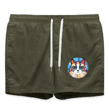 Ragdoll Katze Rasse bunte Aquarell Illustration - Badeshorts - Olive - Vorne - AI Model Male 185 light (185cm)