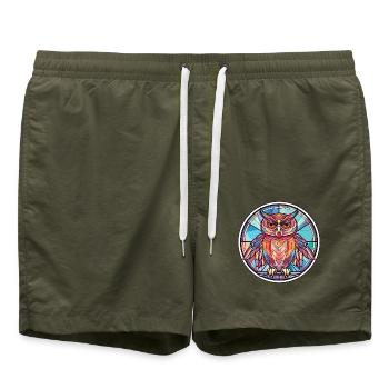 Eule Buntes Aquarell Tier Haustier Illustration - Badeshorts - Olive - Vorne - AI Model Male 185 light (185cm)