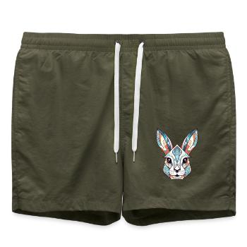 Weißes Kaninchen Bunte Aquarell-Tierkarikatur - Badeshorts - Olive - Vorne - AI Model Male 185 light (185cm)