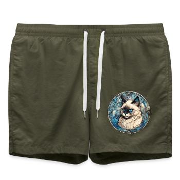 Birma Katze Rasse Aquarellglas - Badeshorts - Olive - Vorne - AI Model Male 185 light (185cm)
