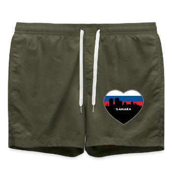 Flaggen-Skyline-Reise-Andenken Samaras Russland - Badeshorts - Olive - Vorne - AI Model Male 185 light (185cm)