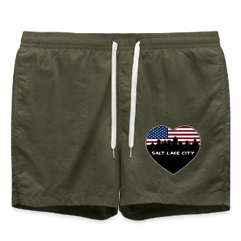 Salt Lake City Utah USA Flagge Skyline Reise Souven - Badeshorts - Olive - Vorne - AI Model Male 185 light (185cm)
