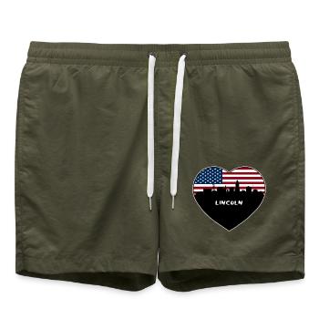 Lincoln Nebraska USA Flagge Skyline Reise Souvenir - Badeshorts - Olive - Vorne - AI Model Male 185 light (185cm)