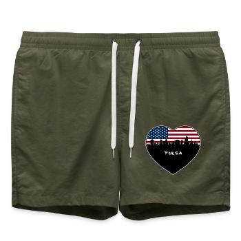 Tulsa Oklahoma USA Flagge Skyline Reise Souvenir - Badeshorts - Olive - Vorne - AI Model Male 185 light (185cm)