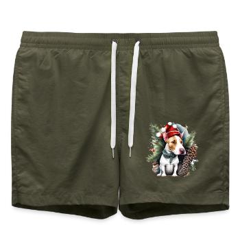 Englischer Bullterrier trägt Weihnachtsmannmütze - Badeshorts - Olive - Vorne - AI Model Male 185 light (185cm)