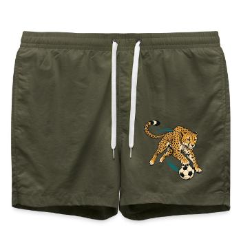 Gepard mit Fußball – Dynamisches Sportmotiv - Badeshorts - Olive - Vorne - AI Model Male 185 light (185cm)