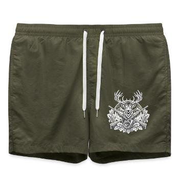 Hirschkopf mit Gewehren im Wald - Badeshorts - Olive - Vorne - AI Model Male 185 light (185cm)