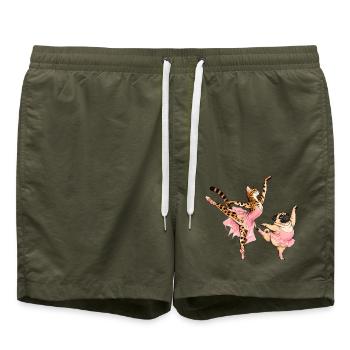 Bengal-Katze und Mops beim Ballett - Badeshorts - Olive - Vorne - AI Model Male 185 light (185cm)