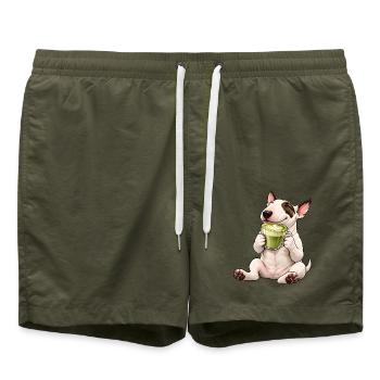 Bull Terrier mit Matcha Latte - Badeshorts - Olive - Vorne - AI Model Male 185 light (185cm)