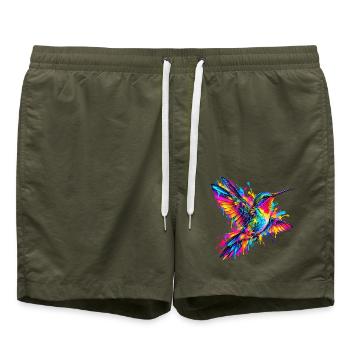 Kolibri – Buntes Neon Graffiti Vogelmotiv - Badeshorts - Olive - Vorne - AI Model Male 185 light (185cm)