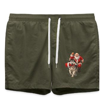Husky klaut Weihnachtsmannmütze - Badeshorts - Olive - Vorne - AI Model Male 185 light (185cm)