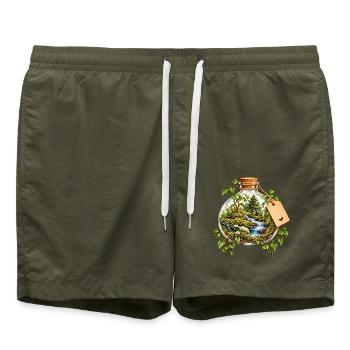 Waldlandschaft im Flaschenarrangement - Badeshorts - Olive - Vorne - AI Model Male 185 light (185cm)