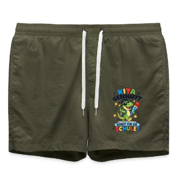 Kita geschafft Einschulung Dino - Badeshorts - Olive - Vorne - AI Model Male 185 light (185cm)