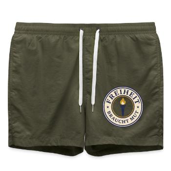 Freiheit braucht Mut Meinungsfreiheit - Badeshorts - Olive - Vorne - AI Model Male 185 light (185cm)
