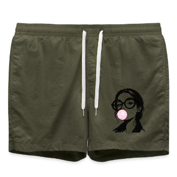 Frau mit Kaugummi Stickerei rosa und schwarz  - Badeshorts - Olive - Vorne - AI Model Male 185 light (185cm)