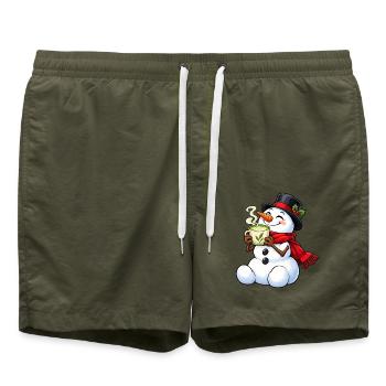 Schneemann mit Matcha Latte – Winterliche Teepause - Badeshorts - Olive - Vorne - AI Model Male 185 light (185cm)